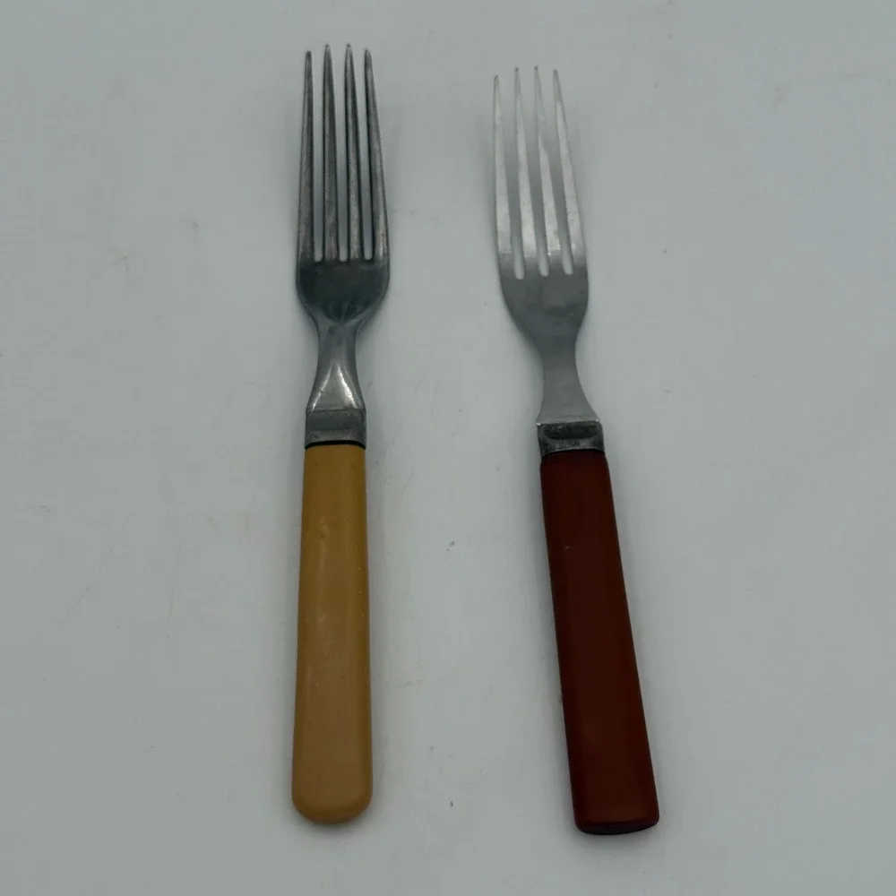 Vintage Possible Bakelite Dinner Forks Stainless Steel Yellow Brown Retro Pair